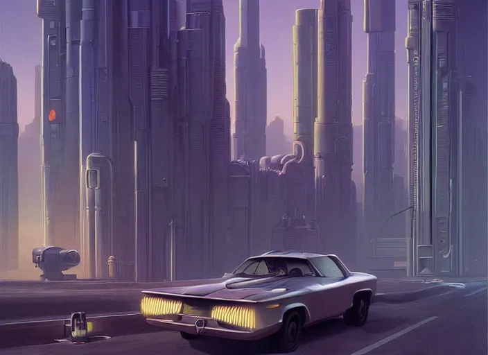 Prompt: a car driving down a street next to tall buildings, cyberpunk art by Chesley Bonestell, cgsociety, retrofuturism, matte painting, reimagined by industrial light and magic