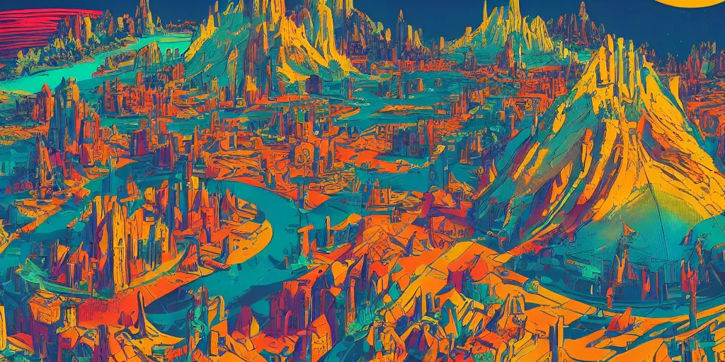Prompt: A lost advanced civilization full of life and unimaginable beauty, vibrant color scheme, highly detailed, in the style of pop art, cinematic, artstation, by Unknown artist
