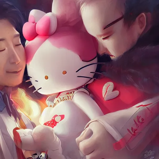 Image similar to Couple in love, hello kitty theme, by Stanley Artgerm Lau, WLOP, Rossdraws, James Jean, Andrei Riabovitchev, Marc Simonetti, Yoshitaka Amano, ArtStation, CGSociety,