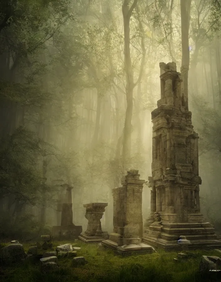 Prompt: an ancient temple with statues lost in a gigantic forest by maena paillet, painting, cinematography, epic lighting, volumetric, fog, god rays