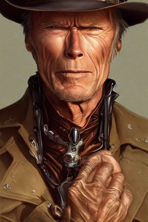 Prompt: heroic character design of clint eastwood, portrait, western, steampunk, duster, fantasy, intricate, elegant, highly detailed, digital painting, artstation, concept art, sharp focus, illustration, art by artgerm and greg rutkowski and alphonse mucha