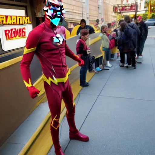 Prompt: Marvel comics character The Flash standing in line at McDonalds