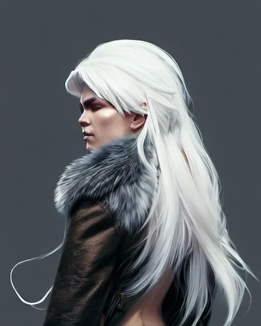 Prompt: dragon hunter wearing a fur - lined dragonhide jacket!!! beautiful and elegant white hair female!! symmetry, character concept art, sharp focus, illustration, artgerm!! greg rutkowski! wlop!! ilya kuvshinov!! charlie bowater! octane render, unreal engine 5! highly rendered!!