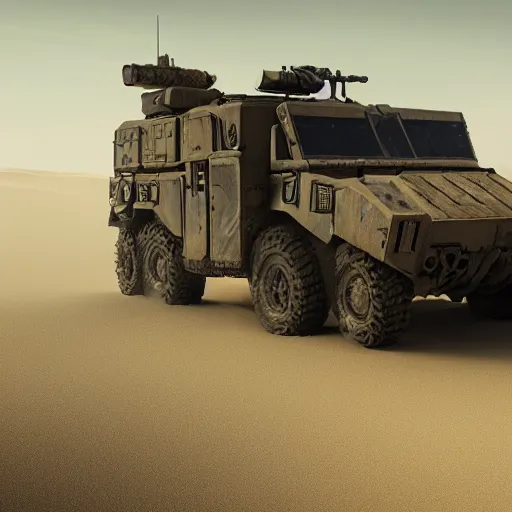 Image similar to armored vehicle in the dunes of desert by Paul Chadeisson, atmospherical, high detail, sci-fi, cinematic, Artstation trending, octane render