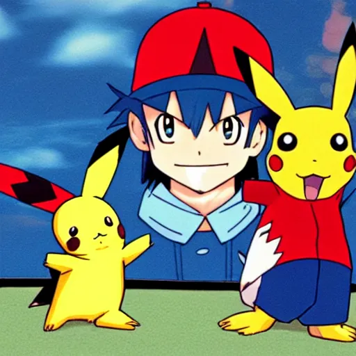 Prompt: pikachu and ash ketchum having a pillow fight, anime