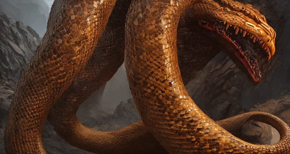 Image similar to closeup portrait of a coiled colossal monster serpent, rocky environment, dramatic lighting, cinematic, unreal engine, cgsociety, artstation, 4k