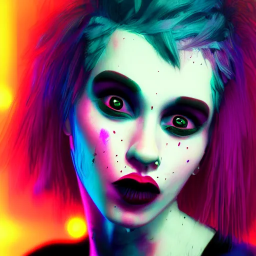 Image similar to punk women portrait made out of paint, short hair, octane render, highly detailed, realistic, tim burton and bob ross comic book art, matte painting, holographic, trending on artstation, cinematic, splashes of neon