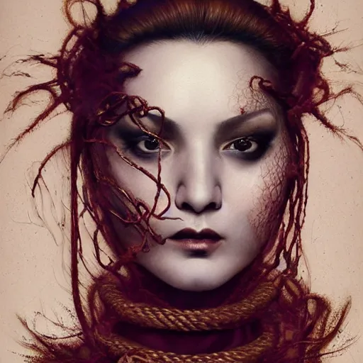 Prompt: portrait of a Shibari rope wrapped face and neck, headshot, insanely nice professional hair style, dramatic hair color, digital painting, of a old 16th century, Black Nun, amber jewels, baroque, ornate clothing, scifi, realistic, hyper detailed, chiaroscuro, concept art, art by Franz Hals and Jon Foster and Ayami Kojima and Amano and Karol Bak,