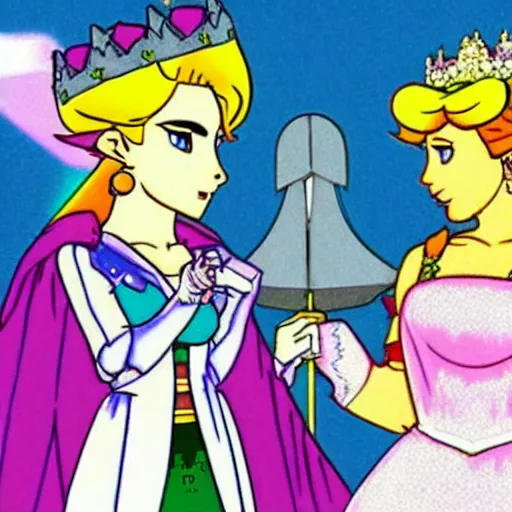 Image similar to photo of the lesbian wedding between princess peach and zelda circa 1 9 8 6