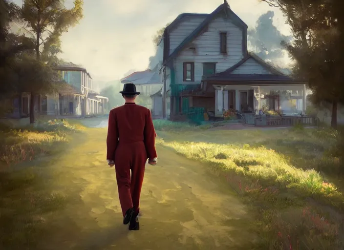 Image similar to landscape, a realistic portrait and realism, a humanoid car walking in 1 9 3 0 s clothes, fine art, sharp focus, a house with ten flats, digital art, bright colors, trending on artstation, unreal engine.