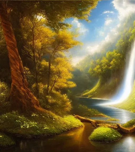 Image similar to the most beautiful panoramic landscape, oil painting, where a giant dreamy waterfall creates a river, the trees around are starting to bloom, cinematic lighting, highly detailed