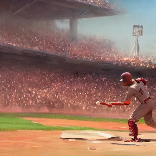 Image similar to baseball player hitting the ball with the baseball bat in the middle of the game and in front of everyone in the stadium, james gurney painting style, greg rutkowski, artstation