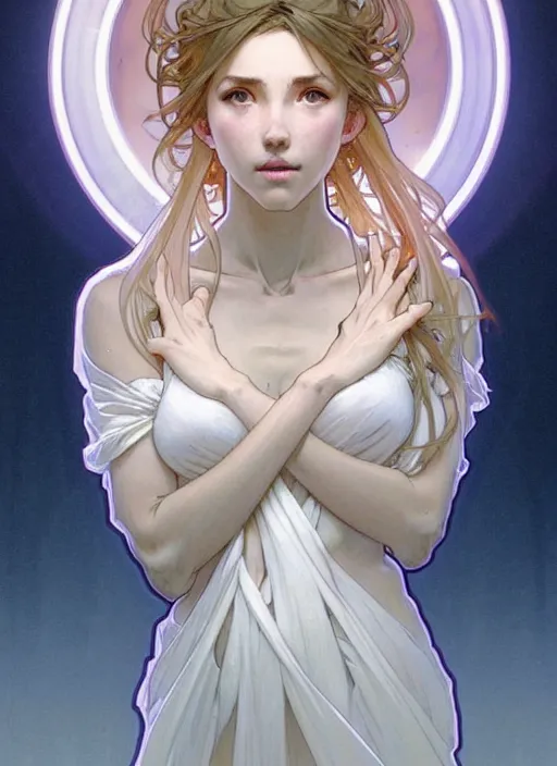 Image similar to digital character concept art by artgerm and greg rutkowski and alphonse mucha. clear portrait of a modern young wife blessed by god to unstoppably grow more perfect and fertile!! blonde, in clothes! feminine well - formed holy body!! light effect. hyper detailed, glowing lights!! intricate, elegant, digital painting, artstation, smooth, sharp focus