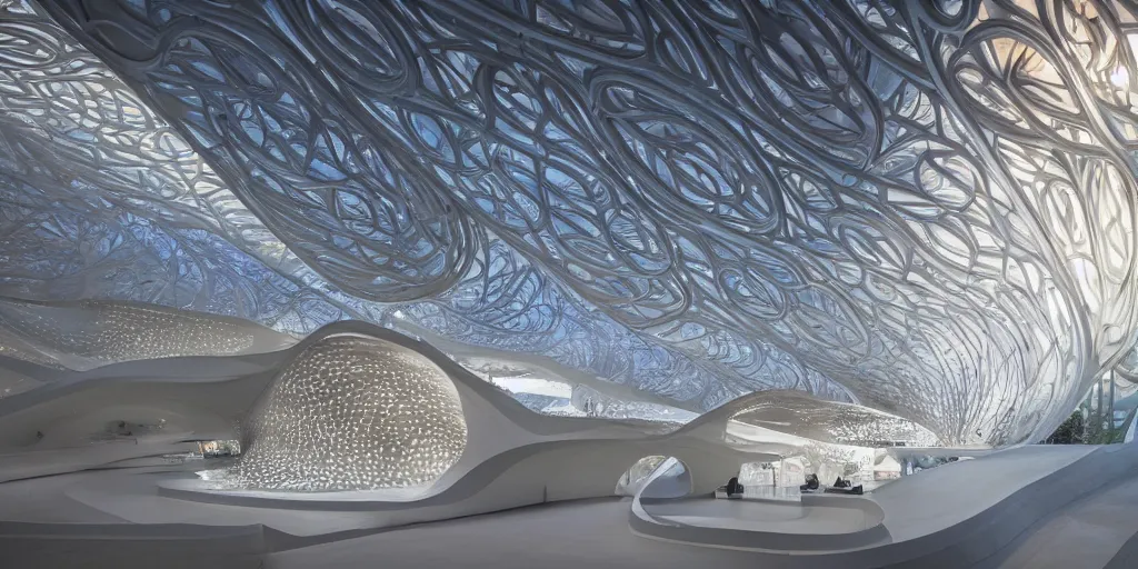 Prompt: extremely detailed awe symmetrical ornate stunning beautiful futuristic smooth curvilinear elegant museum interior by zaha hadid, translucent gills, stunning volumetric light, stainless steel, concrete, translucent material, beautiful sunset, hyper real, 8 k, colorful, 3 d cinematic volumetric light, atmospheric light