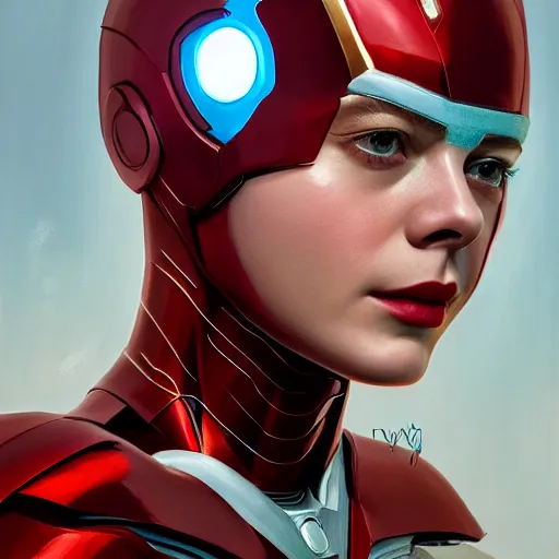 Image similar to head and shoulders portrait of modern darna, elle fanning as ironman, intricate, elegant, dark vibes, highly detailed, digital painting, artstation, glamor pose, concept art, smooth, sharp focus, illustration, art by wlop, mars ravelo and greg rutkowski