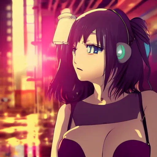 Image similar to Cinematography, anime girl in a bar, cyberpunk city