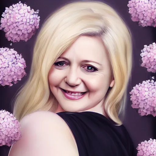 Image similar to 5 0 year old mildly overweight blonde woman, welcoming grin, wearing black, surrounded by hydrangeas, small white dog at her side, portrait, headshot, in the style of alexis franklin, thomas river, ross tran, wlop, artgerm, detailed, high quality