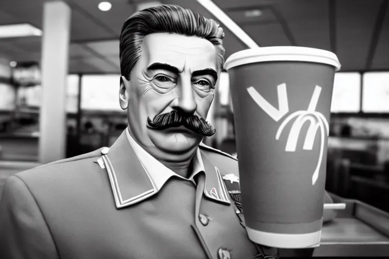 Prompt: a photo portrait of josef stalin in mcdonalds, sigma 2 4 mm f / 8 prize