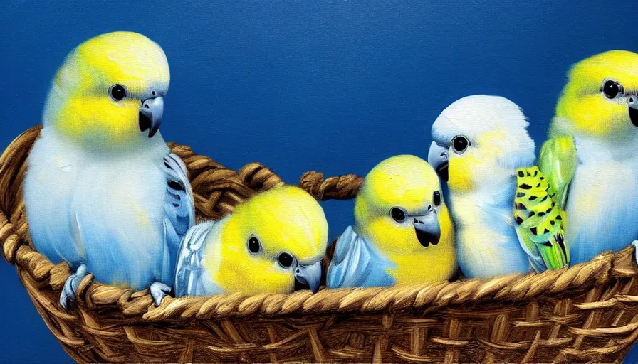 Image similar to highly detailed painting of cute baby budgies cuddling up in a basket by william turner, thick brush strokes and visible paint layers, 4 k resolution, blue and white colour scheme