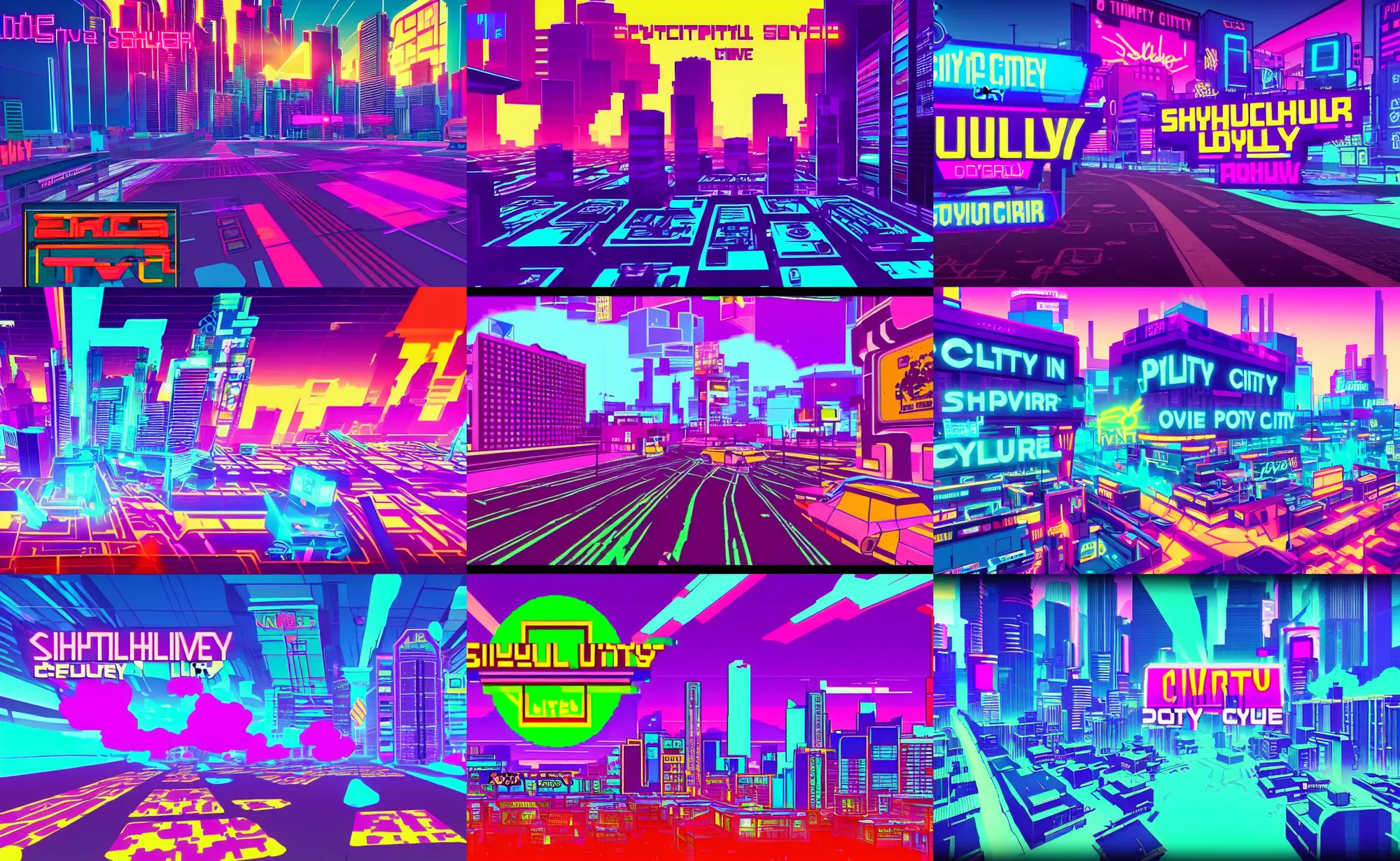 Prompt: beautiful synthwave city in the style of polybius gameplay