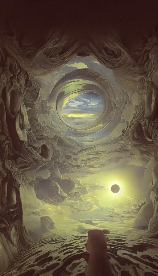 Image similar to a first-person view within a floating 3D VR hand interfac by Jony Ive, Moebius, Roger Dean, intricate artwork by Caravaggio and James Turrell, 8K, sunrise atmospheric phenomena in translucent colloid neuomorphic interface