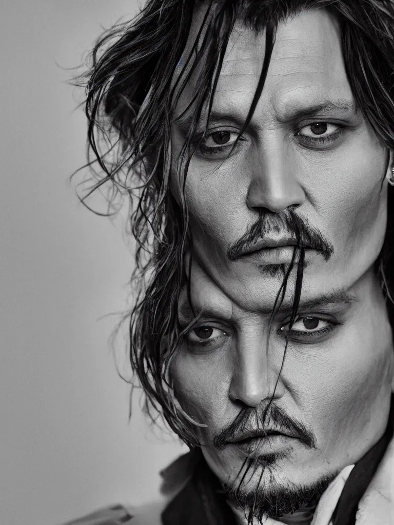 Image similar to portrait of johnny depp in black and white with dior logo, mysterious, inhumane, sauvage detailed, hd, hq, high resolution, high detail, 4 k, 8 k