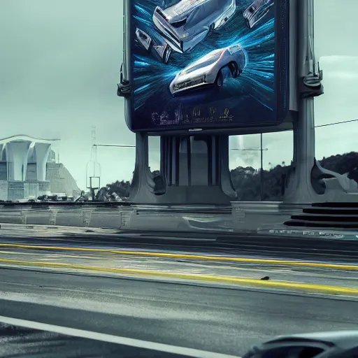 Image similar to car race sci-fi wall structure on the coronation of napoleon painting and digital billboard in the middle, unreal engine 5, keyshot, octane, artstation trending, ultra high detail, ultra realistic, cinematic, 8k, 16k, in style of zaha hadid, in plastic, dark, tilt shift,