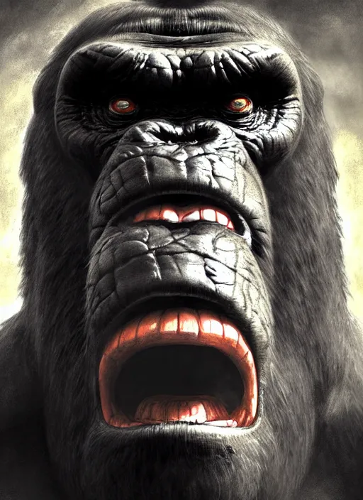 Image similar to portrait of angry king kong, beautiful face, hyper realistic, highly detailed, digital painting, artstation, illustration, concept art by hyung tae and frank frazetta, digital paint, matte paint, washed colors, eating cakes, dark, gloomy, foggy