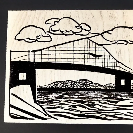 Image similar to small steel suspension bridge built in 1 9 2 8, side view, puffy clouds in background, woodcut style, rubber stamp, 8 k