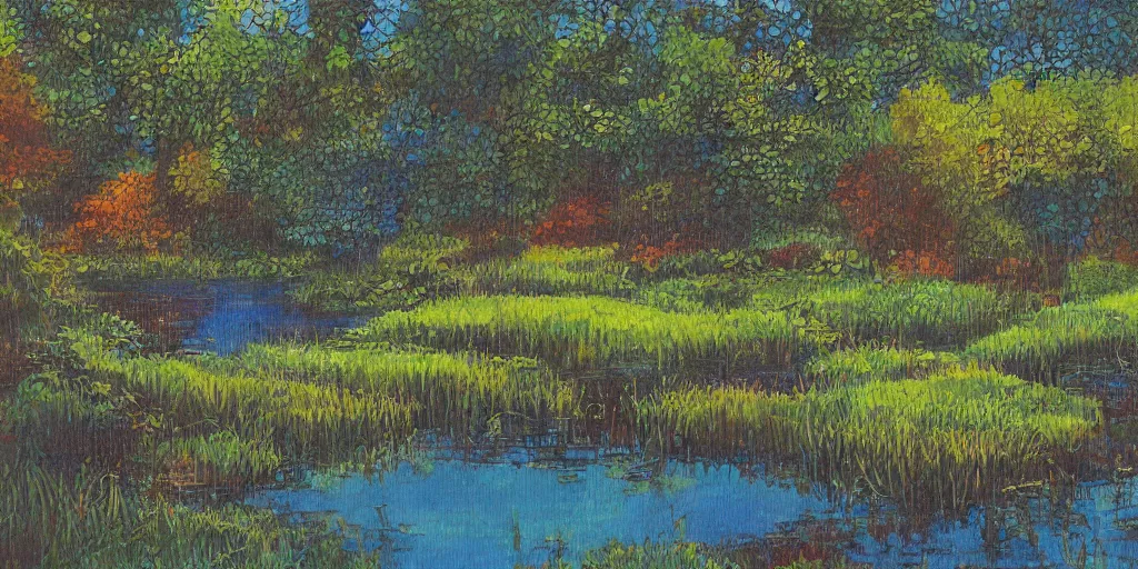Prompt: pond landscape, by anastasia beltyukova, intricate, sharp focus, detailed, lively colors, studio ghibli color scheme