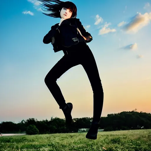 Prompt: 1 7 - year - old pale - skinned girl with black long bob cut, long bangs, black gothic jacket, black jeans, flying through sky, ultra - high jump, late evening, blue hour, cirrus clouds, pearly sky, ultra - realistic, sharp details, subsurface scattering, blue sunshine, intricate details, hd anime, 2 0 1 9 anime