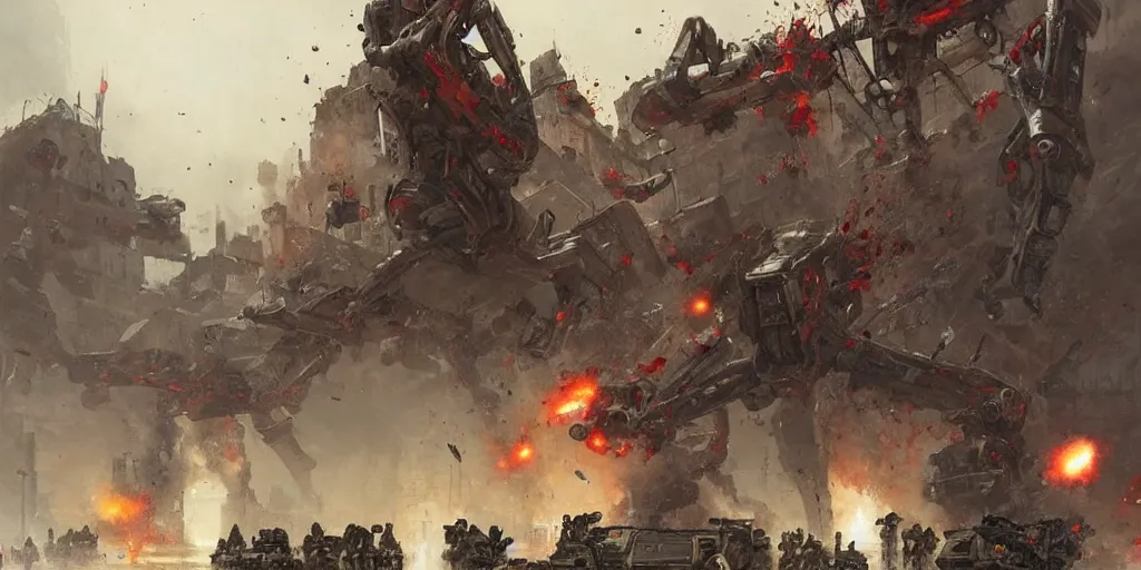 Image similar to giant alien robots terrorise streets of ww ii paris and attack french soldiers and civilians, detailed painting, intense heavy street battle, bullet hell, pile of bodies, artillery bombings, blood on the streets, art by greg rutkowski and jakub rozalski