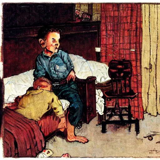 Prompt: A kid waking up his older brother, art by Norman Rockwell