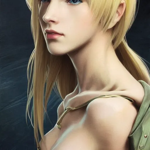 Image similar to Blonde Girl from Metal Gear Solid with thin lips, pronounced cheekbones, hair of medium length (longer caret), highly detailed, digital painting, artstation, concept art, smooth, sharp focus, illustration, ArtStation, art by artgerm and greg rutkowski and alphonse mucha and J. C. Leyendecker and Edmund Blair Leighton and Katsuhiro Otomo and Geof Darrow and Phil hale and Ashley wood and Ilya repin and Charlie Bowater