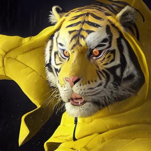 Image similar to a beautfiul award winning aesthetic commission of an antrho albino tiger wearing a yellow-black padded hooded puffer jacket,digital art,art by greg rutkowski,character design by charles bowater,ross tran,photorealistic,detailed face,hyperdetailed,western comic,2021,artstation,deviantart