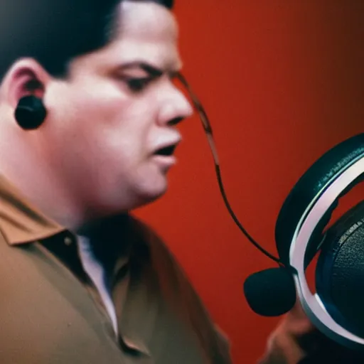 Image similar to obese Michael Jackson wearing a headset yelling at his monitor while playing WoW highly detailed wide angle lens 10:9 aspect ration award winning photography by David Lynch esoteric erasure head