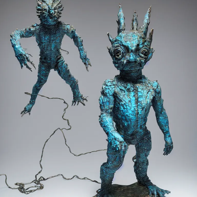 Image similar to hyperrealistic sculpture of a distressed bronze ancient fossilized chibi ultraman kaiju dusted with opalescent blue spraypaint and ferns in a nylon grid cage on a pedestal by ron mueck and duane hanson and lee bontecou, hyperrealistic dramatic colored lighting trending on artstation 8 k