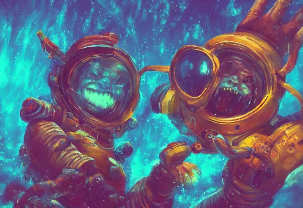 Image similar to smiling astronaut god demon monster underwater, pastel, colorful, fantasy, trending on artstation, digital art.