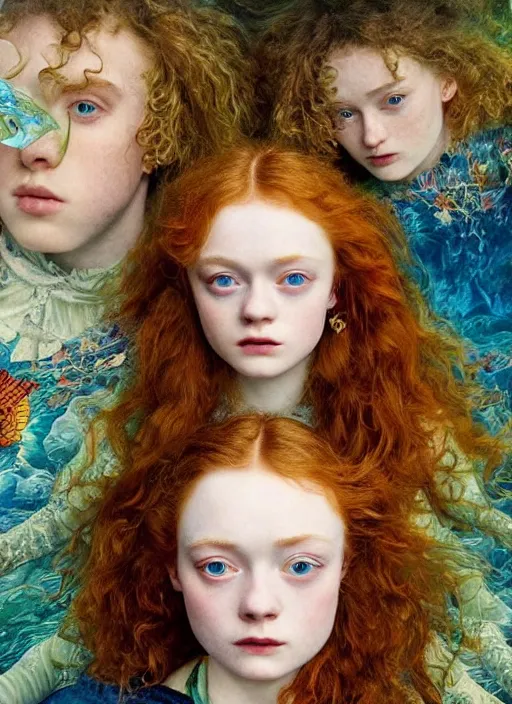 Image similar to sadie sink detailed colourful masterpiece of intricate preraphaelite photography couple portrait sat down extreme closeup, love, inside a full underwater train, detailed realistic expressions, wearing unusual clothes, by ford madox brown and william powell frith and frederic leighton and john william waterhouse and william morris, ultra wide angle