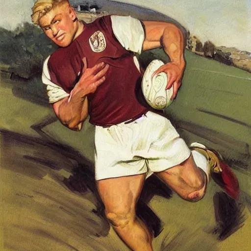 Prompt: handsome blonde rugby player in a running pose, side view, holding the rugby ball in his arm, full color painting by J.C. Leyendecker