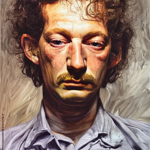 Image similar to high quality high detail painting by lucian freud, hd, jimi page from led zeppelin portrait