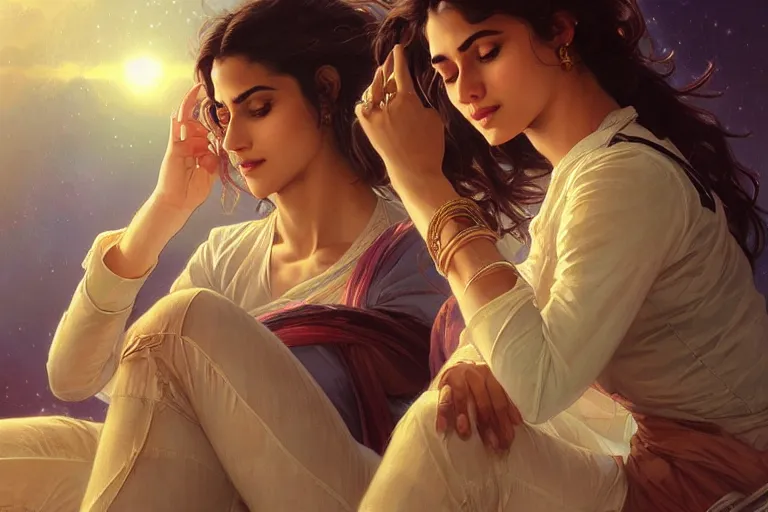 Image similar to Sensual good looking pale young Indian doctors wearing jeans in a space elevator above Earth, portrait, elegant, intricate, digital painting, artstation, concept art, smooth, sharp focus, illustration, art by artgerm and greg rutkowski and alphonse mucha