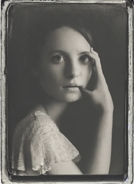 Prompt: portrait of a young women with beautiful eyes, photo realistic, elegant, award winning photograph, parallax, cinematic lighting, ambrotype wet plate collodion by richard avedon and shane balkowitsch