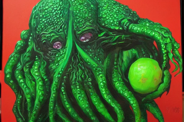 Image similar to cthulhu made of limes, painted in oil paint