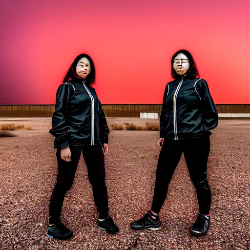 Image similar to photographic portrait of 2 techwear women in front of a brutalist metal building, on a desolate plain, red sky, sigma 8 5 mm f / 1. 4, 4 k, depth of field, high resolution, 4 k, 8 k, hd, full color