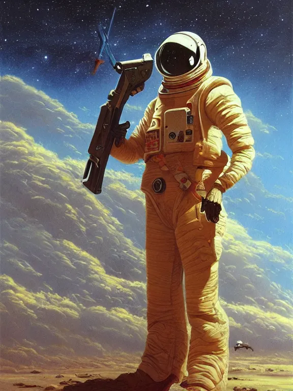 Image similar to a painting of a spaceman holding a rifle, concept art by michael whelan, tim white and vincent di fate, featured on deviantart, space art, concept art, sci - fi, cosmic horror