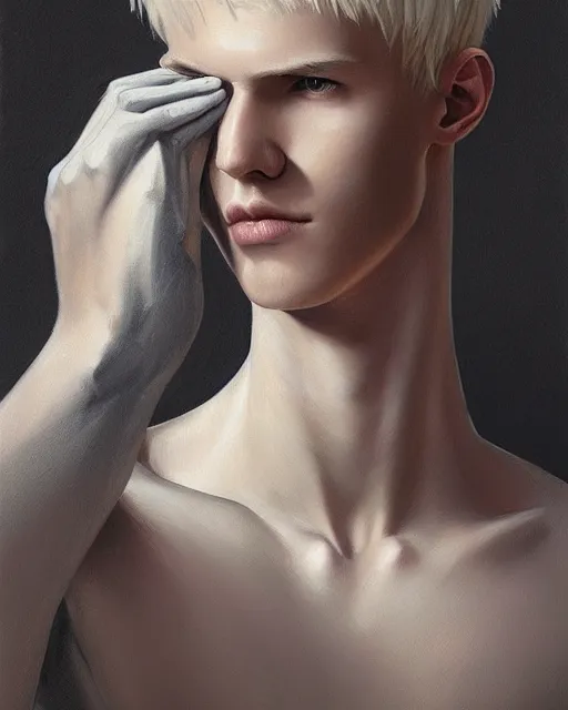 Image similar to portrait of 1 5 - year - old boy, a tall, slender boy with a pale, pointed face, sleek blond hair, and ice grey eyes, cold grey eyes, highly detailed, digital painting, artstation, concept art, smooth, sharp focus, illustration, art by artgerm and greg rutkowski and alphonse mucha