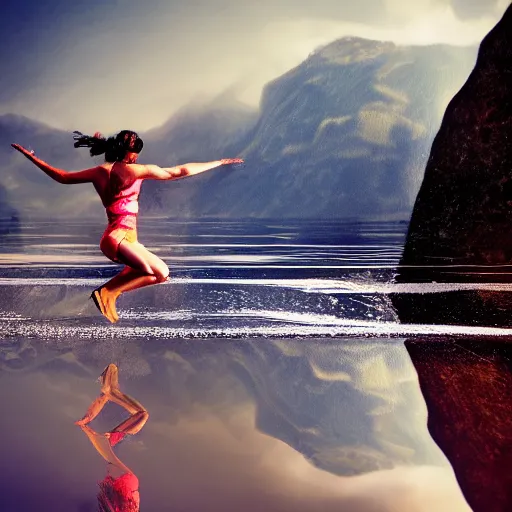 Image similar to photo of a woman jumping in a basin with a dog, gorgeous view, depth, high detail, trending on artstation