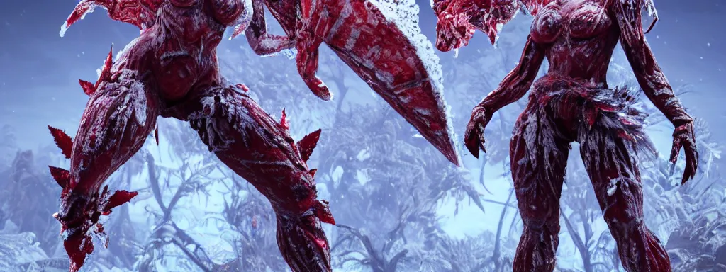 Image similar to muscular frosty warrior woman made of ice, walking in a dense alien snow covered frosty jungle, with snow covered colourful red, blue and purple plants, large vines, snow covered arched organic rock structures, in the style of monster hunter world, like concept art on artstation, hyperdetailed, vray render, octane render,