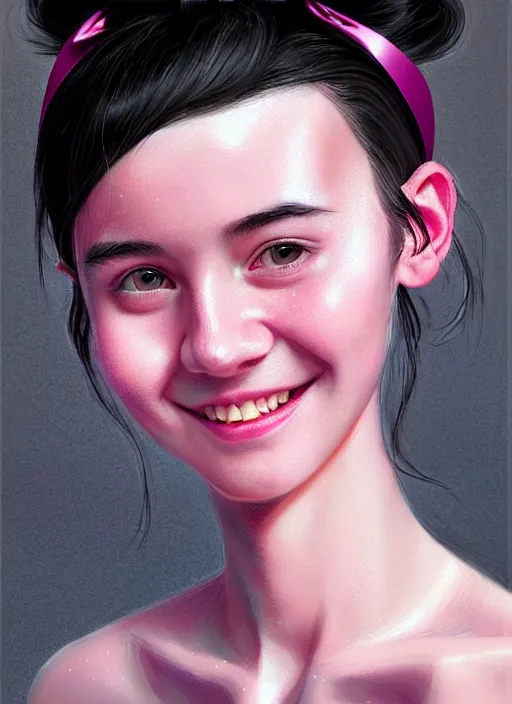 Image similar to portrait of high school girl, realistic, black hair, bangs, half updo hairstyle, pointy nose, skinny, smile, ugly, defined jawline, big chin, pink hair bow, earrings, intricate, elegant, glowing lights, highly detailed, digital painting, artstation, sharp focus, illustration, art by wlop, mars ravelo and greg rutkowski